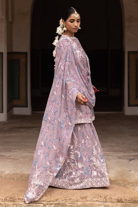 Aangan By Parul_Purple Organza, Chiffon Embroidery Round Neck Ethereal Layers Sharara Set _Online_at_Aza_Fashions