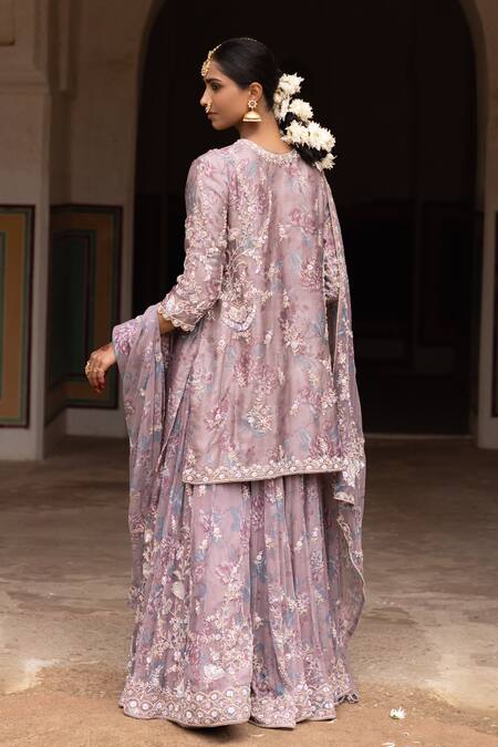 Shop_Aangan By Parul_Purple Organza, Chiffon Embroidery Round Neck Ethereal Layers Sharara Set _Online_at_Aza_Fashions