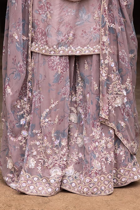 Aangan By Parul_Purple Organza, Chiffon Embroidery Round Neck Ethereal Layers Sharara Set _at_Aza_Fashions