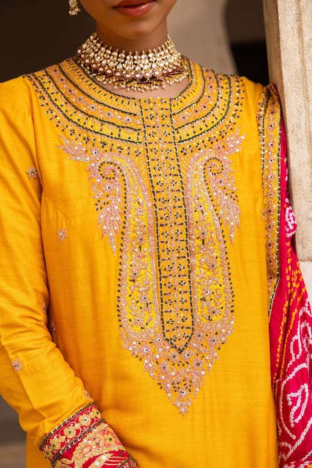 Buy_Aangan By Parul_Yellow Embroidery, Sequins Round Neck Haldi Bliss Sharara Set 