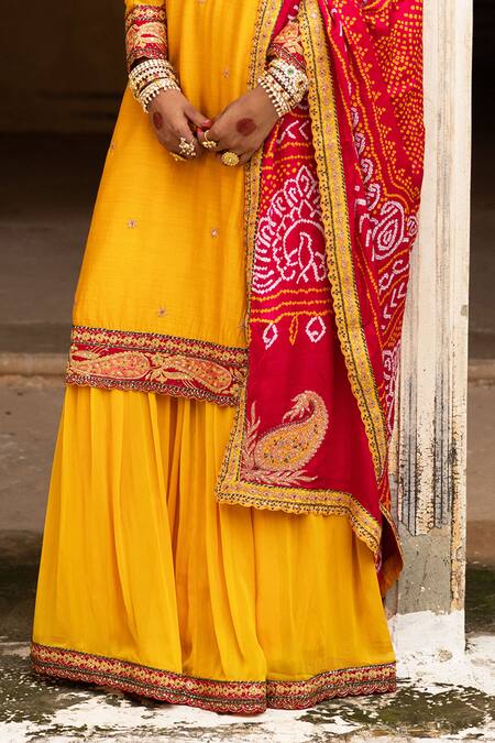 Shop_Aangan By Parul_Yellow Embroidery, Sequins Round Neck Haldi Bliss Sharara Set 