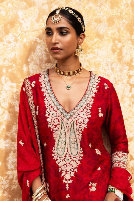 Buy_Aangan By Parul_Red Silk, Cotton Embroidery V-neck Kashmir Inspired Sharara Set _Online_at_Aza_Fashions