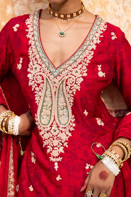 Shop_Aangan By Parul_Red Silk, Cotton Embroidery V-neck Kashmir Inspired Sharara Set _Online_at_Aza_Fashions
