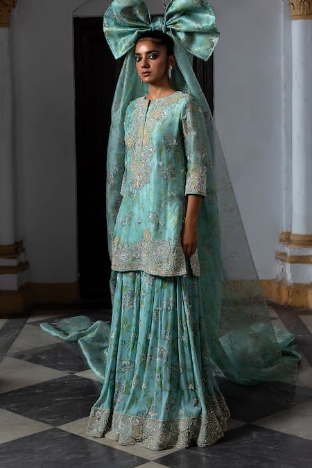 Aangan By Parul_Blue Organza Sequins, Embroidery Round Neck Bliss Sharara Set _Online_at_Aza_Fashions