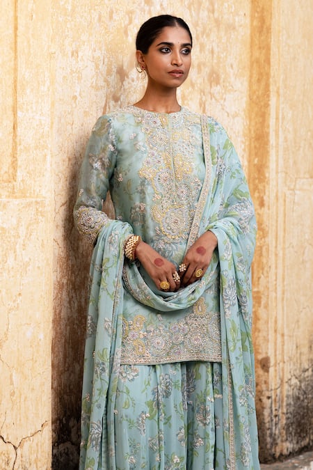 Shop_Aangan By Parul_Blue Organza Sequins, Embroidery Round Neck Bliss Sharara Set _Online_at_Aza_Fashions