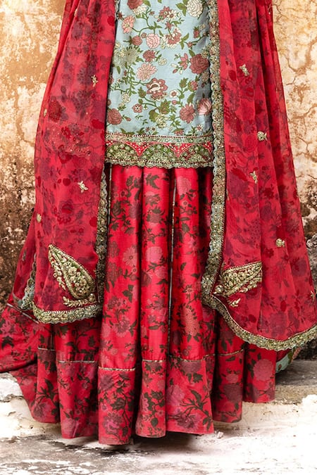 Aangan By Parul_Blue Silk Beads, Embroidery V-neck Cerulean Blush Regalia Sharara Set _Online_at_Aza_Fashions