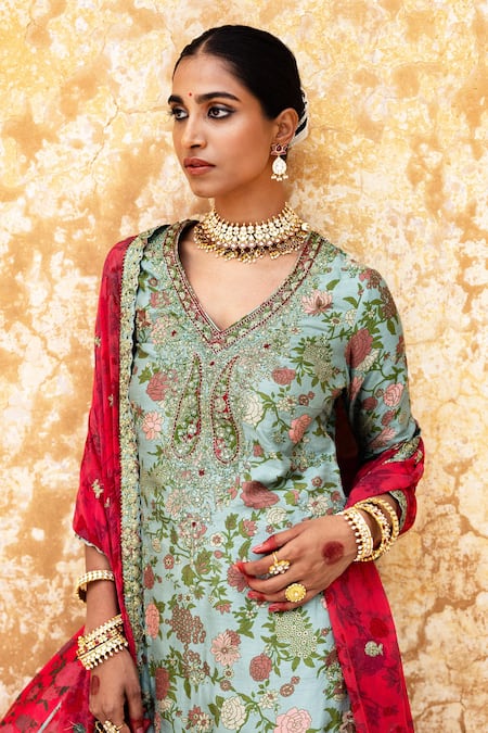 Buy_Aangan By Parul_Blue Silk Beads, Embroidery V-neck Cerulean Blush Regalia Sharara Set _Online_at_Aza_Fashions