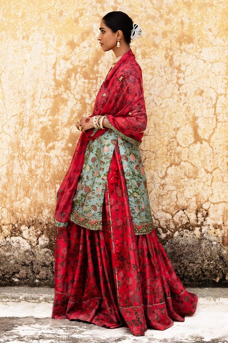 Aangan By Parul_Blue Silk Beads, Embroidery V-neck Cerulean Blush Regalia Sharara Set _at_Aza_Fashions