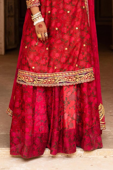 Aangan By Parul Red Silk, Cotton Embroidery, Zari Round Neck Signature Raw Bridal Sharara Set Online at Aza Fashions Aangan By Parul_Red Silk, Cotton Embroidery, Zari Round Neck Signature Raw Bridal Sharara Set _Online_at_Aza_Fashions