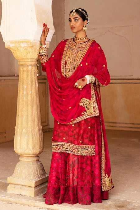 Shop Aangan By Parul Red Silk, Cotton Embroidery, Zari Round Neck Signature Raw Bridal Sharara Set Online at Aza Fashions Shop_Aangan By Parul_Red Silk, Cotton Embroidery, Zari Round Neck Signature Raw Bridal Sharara Set _Online_at_Aza_Fashions
