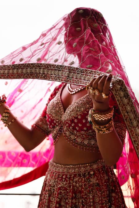 Aangan By Parul_Red Organza Sequins, Zari Plunge Neck Empress Bridal Lehenga Set _Online_at_Aza_Fashions