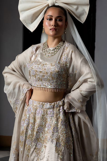 Aangan By Parul_Silver Sequins, Embroidery Round Neck Moonlit Sonata Lehenga Set _Online_at_Aza_Fashions