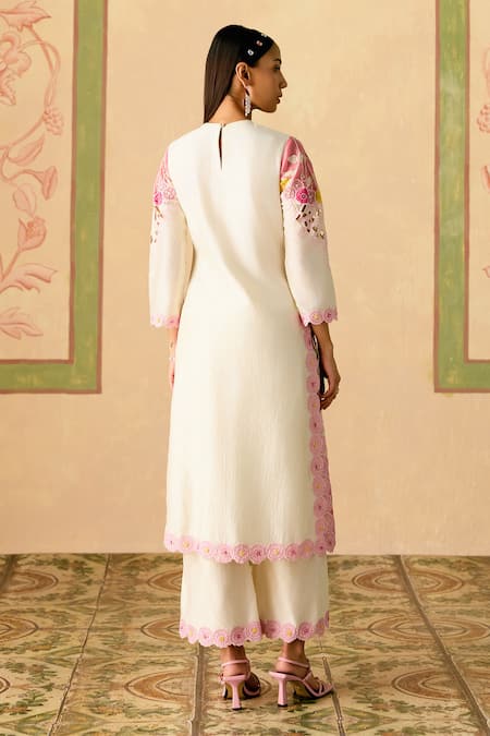 Shop_Chandrima_Ivory Chanderi Applique, Embroidery Round Neck Pink Kurta Set _at_Aza_Fashions