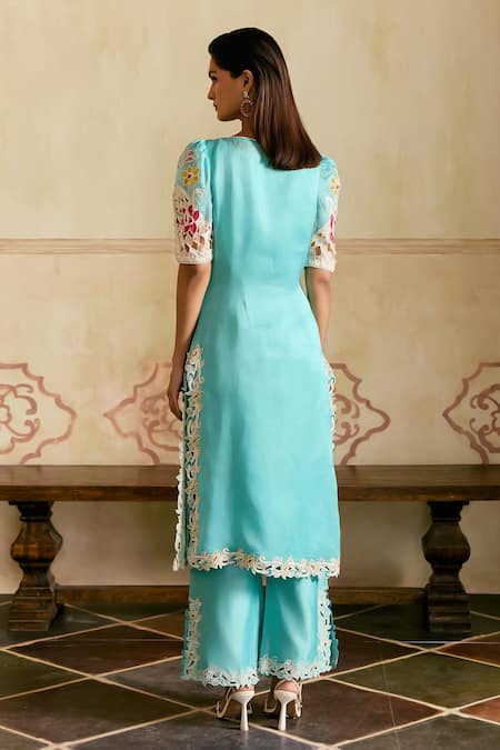 Shop Chandrima Aqua Silk Organza, Chanderi Applique, Cut Work Square Neck Kurta Set at Aza Fashions Shop_Chandrima_Aqua Silk Organza, Chanderi Applique, Cut Work Square Neck Kurta Set _at_Aza_Fashions