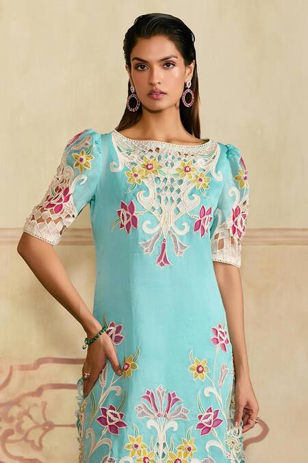 Chandrima Aqua Silk Organza, Chanderi Applique, Cut Work Square Neck Kurta Set Online at Aza Fashions Chandrima_Aqua Silk Organza, Chanderi Applique, Cut Work Square Neck Kurta Set _Online_at_Aza_Fashions