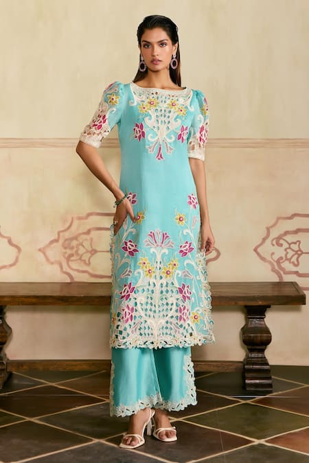 Chandrima Aqua Silk Organza, Chanderi Applique, Cut Work Square Neck Kurta Set 