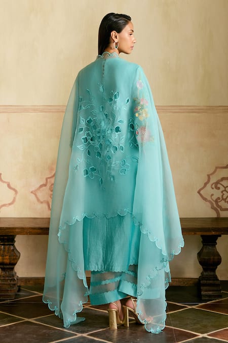 Shop Chandrima Aqua Silk Organza Cut Work Dupatta at Aza Fashions Shop_Chandrima_Aqua Silk Organza Cut Work Dupatta _at_Aza_Fashions