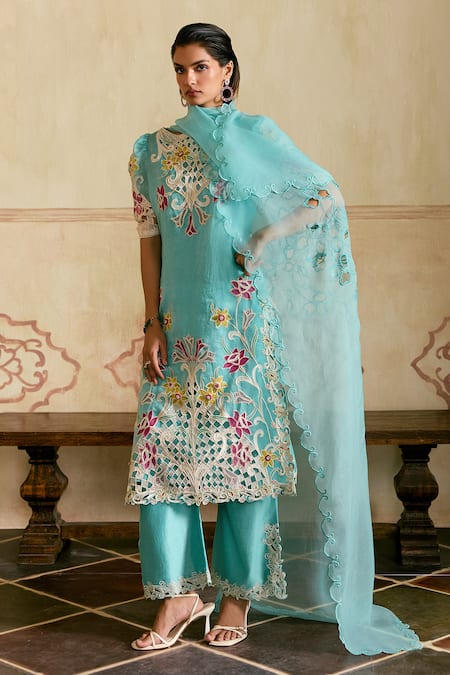 Chandrima Aqua Silk Organza Cut Work Dupatta Online at Aza Fashions Chandrima_Aqua Silk Organza Cut Work Dupatta _Online_at_Aza_Fashions