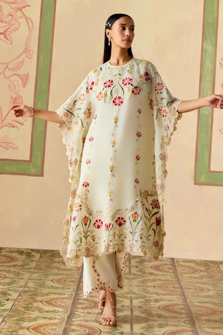 Chandrima_Ivory Silk Organza Embroidery Round Neck Applique Kaftan _Online_at_Aza_Fashions