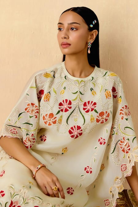 Shop_Chandrima_Ivory Silk Organza Embroidery Round Neck Applique Kaftan _Online_at_Aza_Fashions