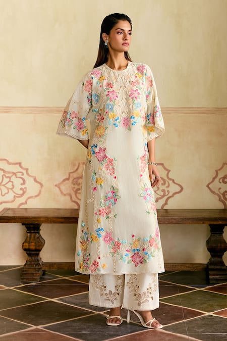 Chandrima Ivory Chanderi Embroidered Tulip Pants 