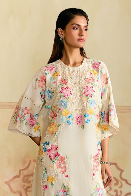 Shop Chandrima Ivory Chanderi Embroidery Round Neck Floral Kurta And Pants Set at Aza Fashions Shop_Chandrima_Ivory Chanderi Embroidery Round Neck Floral Kurta And Pants Set _at_Aza_Fashions