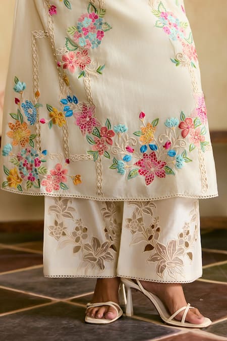 Chandrima Ivory Chanderi Embroidery Round Neck Floral Kurta And Pants Set Online at Aza Fashions Chandrima_Ivory Chanderi Embroidery Round Neck Floral Kurta And Pants Set _Online_at_Aza_Fashions