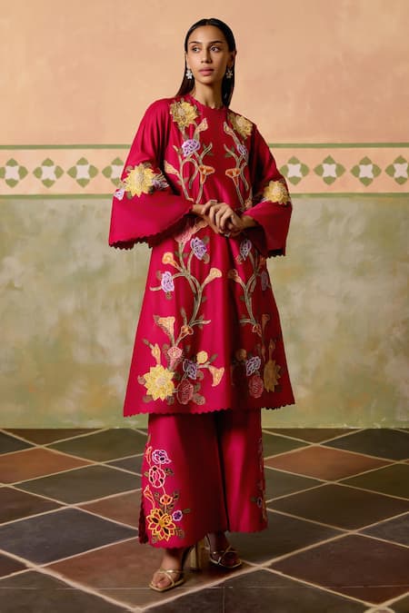 Chandrima Fuchsia Chanderi Embroidery Round Neck Floral Cutwork Kurta And Flared Pant Set