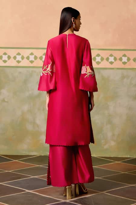 Shop Chandrima Fuchsia Chanderi Embroidery Round Neck Floral Cutwork Kurta And Flared Pant Set at Aza Fashions Shop_Chandrima_Fuchsia Chanderi Embroidery Round Neck Floral Cutwork Kurta And Flared Pant Set _at_Aza_Fashions
