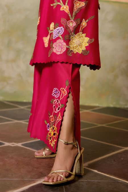 Chandrima Fuchsia Chanderi Embroidery Round Neck Floral Cutwork Kurta And Flared Pant Set Online at Aza Fashions Chandrima_Fuchsia Chanderi Embroidery Round Neck Floral Cutwork Kurta And Flared Pant Set _Online_at_Aza_Fashions