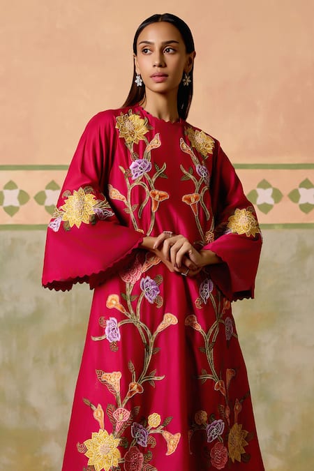 Buy Chandrima Fuchsia Chanderi Embroidery Round Neck Floral Cutwork Kurta And Flared Pant Set Online at Aza Fashions Buy_Chandrima_Fuchsia Chanderi Embroidery Round Neck Floral Cutwork Kurta And Flared Pant Set _Online_at_Aza_Fashions