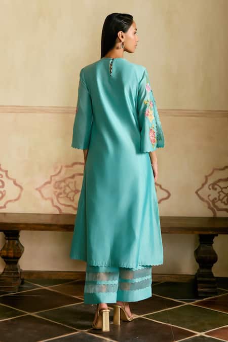 Shop Chandrima Aqua Chanderi Embroidery Round Neck Mosaic Floral Vines Kurta Set at Aza Fashions Shop_Chandrima_Aqua Chanderi Embroidery Round Neck Mosaic Floral Vines Kurta Set _at_Aza_Fashions