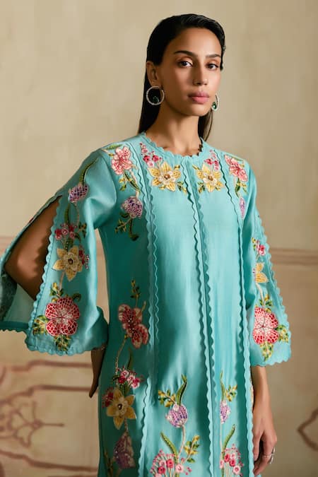 Chandrima Aqua Chanderi Embroidery Round Neck Mosaic Floral Vines Kurta Set Online at Aza Fashions Chandrima_Aqua Chanderi Embroidery Round Neck Mosaic Floral Vines Kurta Set _Online_at_Aza_Fashions