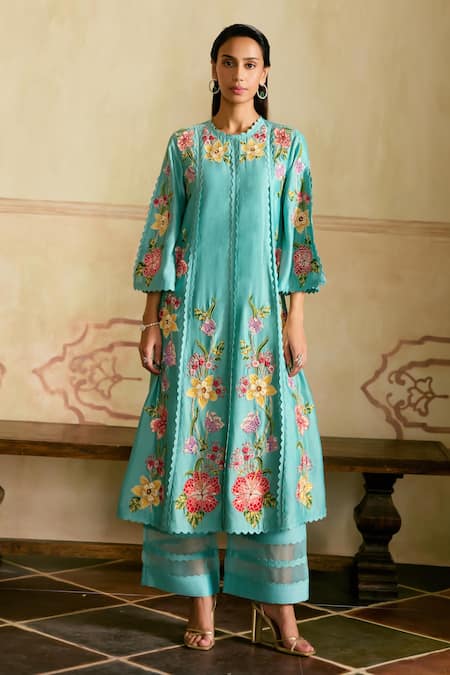 Buy Chandrima Aqua Chanderi Embroidery Round Neck Mosaic Floral Vines Kurta Set Online at Aza Fashions Buy_Chandrima_Aqua Chanderi Embroidery Round Neck Mosaic Floral Vines Kurta Set _Online_at_Aza_Fashions