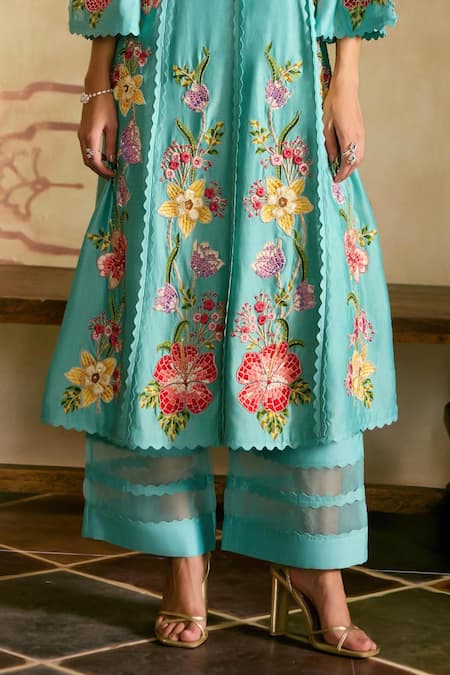 Shop Chandrima Aqua Chanderi Embroidery Round Neck Mosaic Floral Vines Kurta Set Online at Aza Fashions Shop_Chandrima_Aqua Chanderi Embroidery Round Neck Mosaic Floral Vines Kurta Set _Online_at_Aza_Fashions