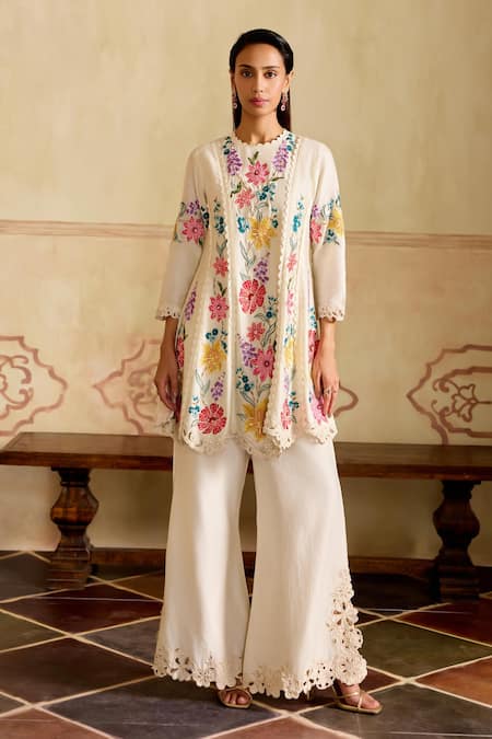Chandrima Ivory Chanderi Lace, Cut Work Round Neck Mosaic Vines Flared Kurta And Pant Set