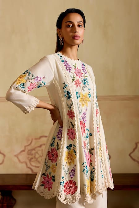Chandrima_Ivory Chanderi Lace, Cut Work Round Neck Mosaic Vines Flared Kurta And Pant Set _Online_at_Aza_Fashions