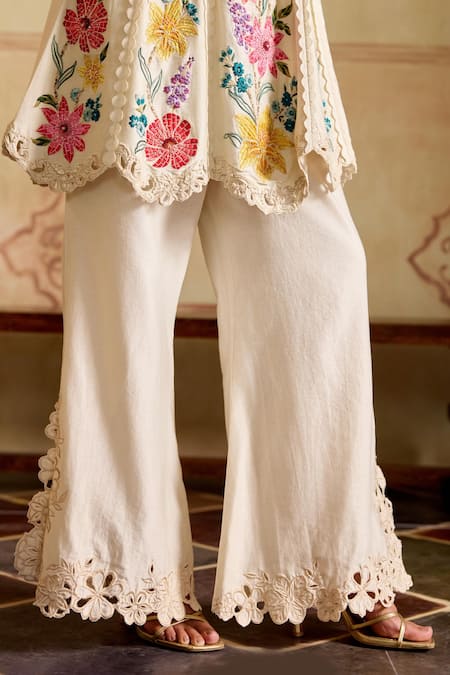 Buy_Chandrima_Ivory Chanderi Lace, Cut Work Round Neck Mosaic Vines Flared Kurta And Pant Set _Online_at_Aza_Fashions