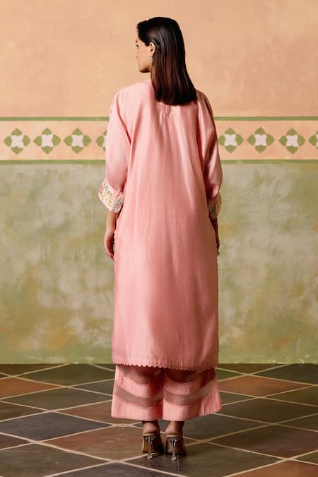 Shop Chandrima Pink Chanderi Embroidery Round Neck Mosaic Floral Kimono Kurta And Pant Set at Aza Fashions Shop_Chandrima_Pink Chanderi Embroidery Round Neck Mosaic Floral Kimono Kurta And Pant Set _at_Aza_Fashions