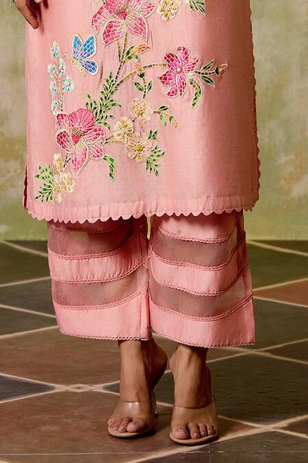 Chandrima Pink Chanderi Embroidery Round Neck Mosaic Floral Kimono Kurta And Pant Set Online at Aza Fashions Chandrima_Pink Chanderi Embroidery Round Neck Mosaic Floral Kimono Kurta And Pant Set _Online_at_Aza_Fashions