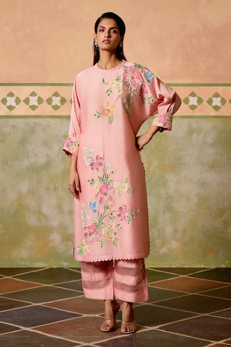 Chandrima Pink Chanderi Embroidery Round Neck Mosaic Floral Kimono Kurta And Pant Set 