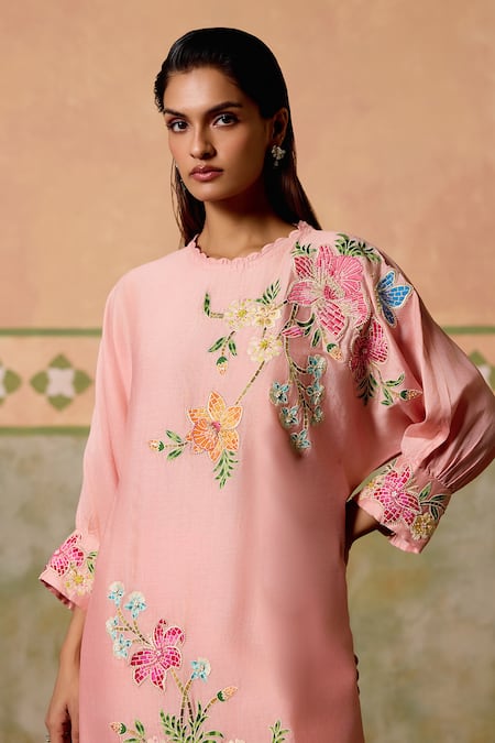 Buy Chandrima Pink Chanderi Embroidery Round Neck Mosaic Floral Kimono Kurta And Pant Set Online at Aza Fashions Buy_Chandrima_Pink Chanderi Embroidery Round Neck Mosaic Floral Kimono Kurta And Pant Set _Online_at_Aza_Fashions