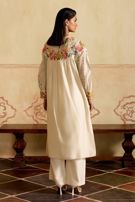 Shop Chandrima Ivory Chanderi Embroidery, Cut Work Round Neck Floral Kurta And Pant Set at Aza Fashions Shop_Chandrima_Ivory Chanderi Embroidery, Cut Work Round Neck Floral Kurta And Pant Set _at_Aza_Fashions
