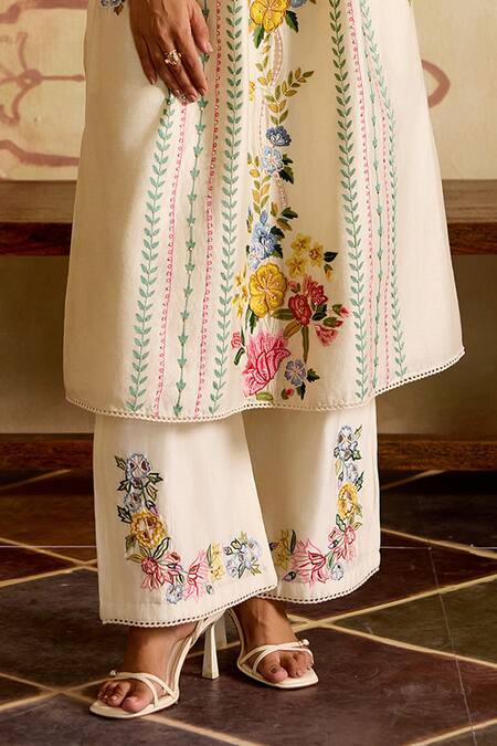 Buy Chandrima Ivory Chanderi Embroidery, Cut Work Round Neck Floral Kurta And Pant Set Online at Aza Fashions Buy_Chandrima_Ivory Chanderi Embroidery, Cut Work Round Neck Floral Kurta And Pant Set _Online_at_Aza_Fashions
