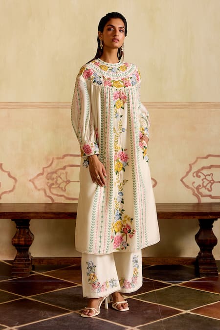 Chandrima Ivory Chanderi Embroidery, Cut Work Round Neck Floral Kurta And Pant Set
