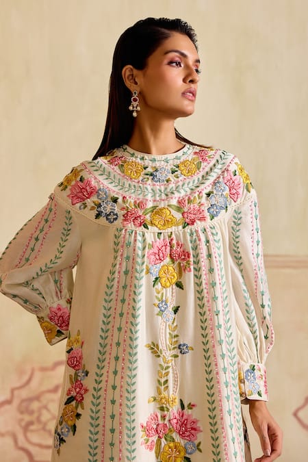 Shop Chandrima Ivory Chanderi Embroidery, Cut Work Round Neck Floral Kurta And Pant Set Online at Aza Fashions Shop_Chandrima_Ivory Chanderi Embroidery, Cut Work Round Neck Floral Kurta And Pant Set _Online_at_Aza_Fashions