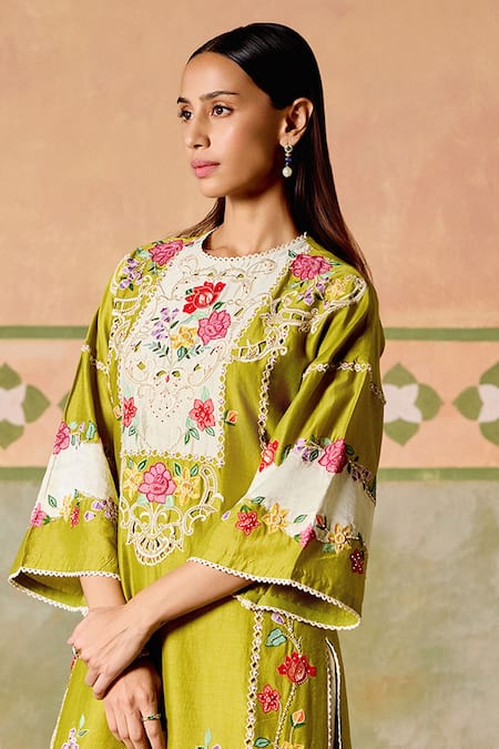 Chandrima Olive Green Chanderi Embroidery Round Neck Color Block Kurta Set Online at Aza Fashions Chandrima_Olive Green Chanderi Embroidery Round Neck Color Block Kurta Set _Online_at_Aza_Fashions