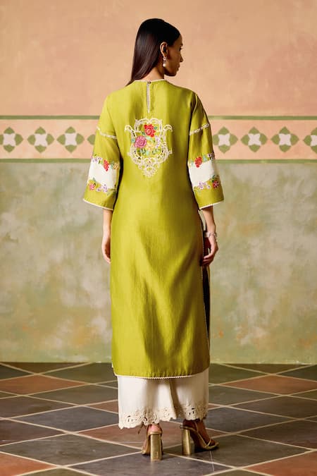 Shop Chandrima Olive Green Chanderi Embroidery Round Neck Color Block Kurta Set at Aza Fashions Shop_Chandrima_Olive Green Chanderi Embroidery Round Neck Color Block Kurta Set _at_Aza_Fashions