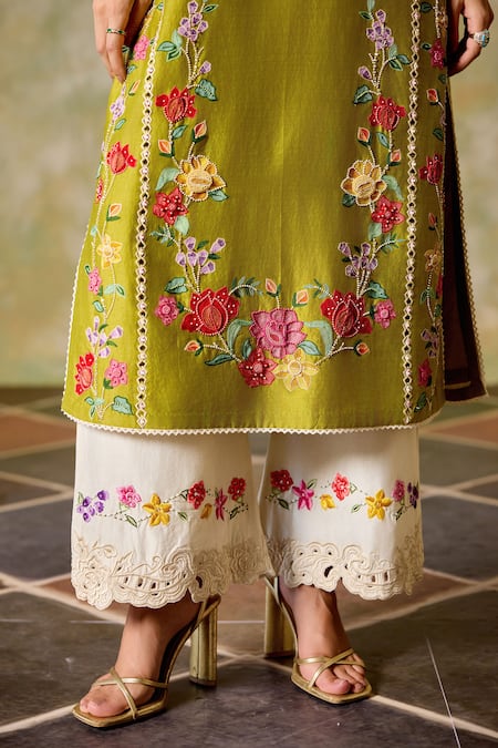 Buy Chandrima Olive Green Chanderi Embroidery Round Neck Color Block Kurta Set Online at Aza Fashions Buy_Chandrima_Olive Green Chanderi Embroidery Round Neck Color Block Kurta Set _Online_at_Aza_Fashions