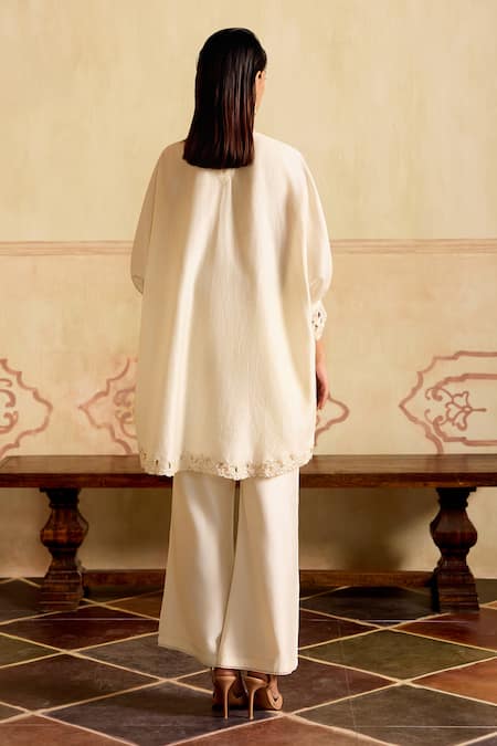 Shop Chandrima Ivory Chanderi Embroidery Round Neck Kimono Tunic And Cutwork Pants at Aza Fashions Shop_Chandrima_Ivory Chanderi Embroidery Round Neck Kimono Tunic And Cutwork Pants _at_Aza_Fashions